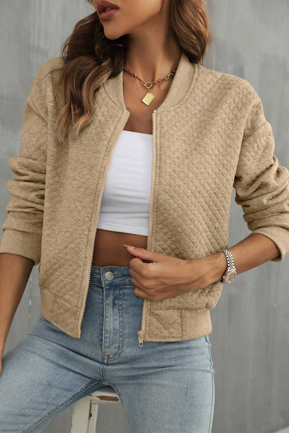 Solid Geometric Textured Baseball Collar Jacket