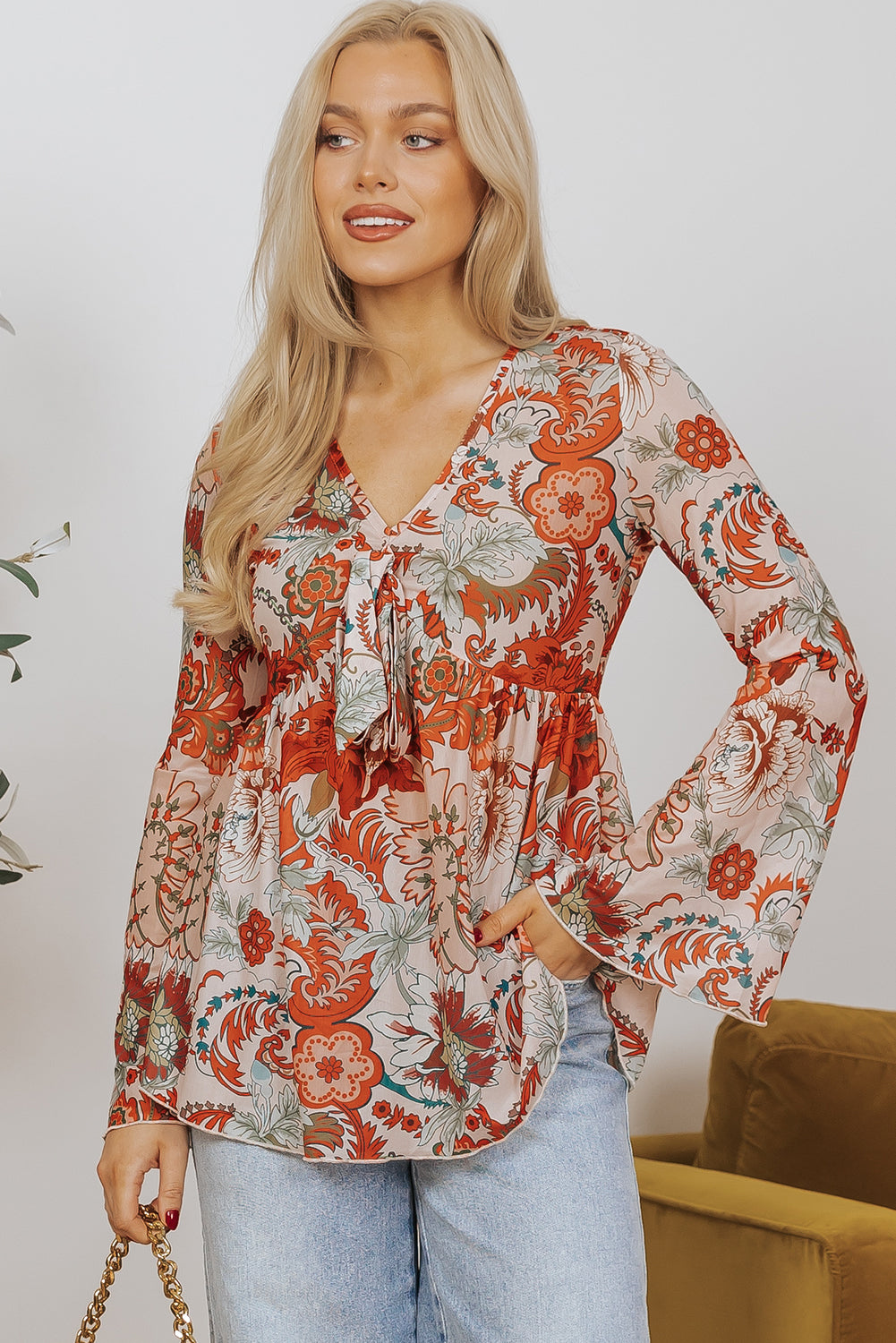 Floral Print Deep V Neck Knot Bell Sleeve Blouse