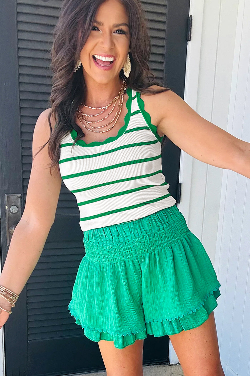 Stripe Striped Scalloped Edge U Neck Sleeveless Sweater Vest