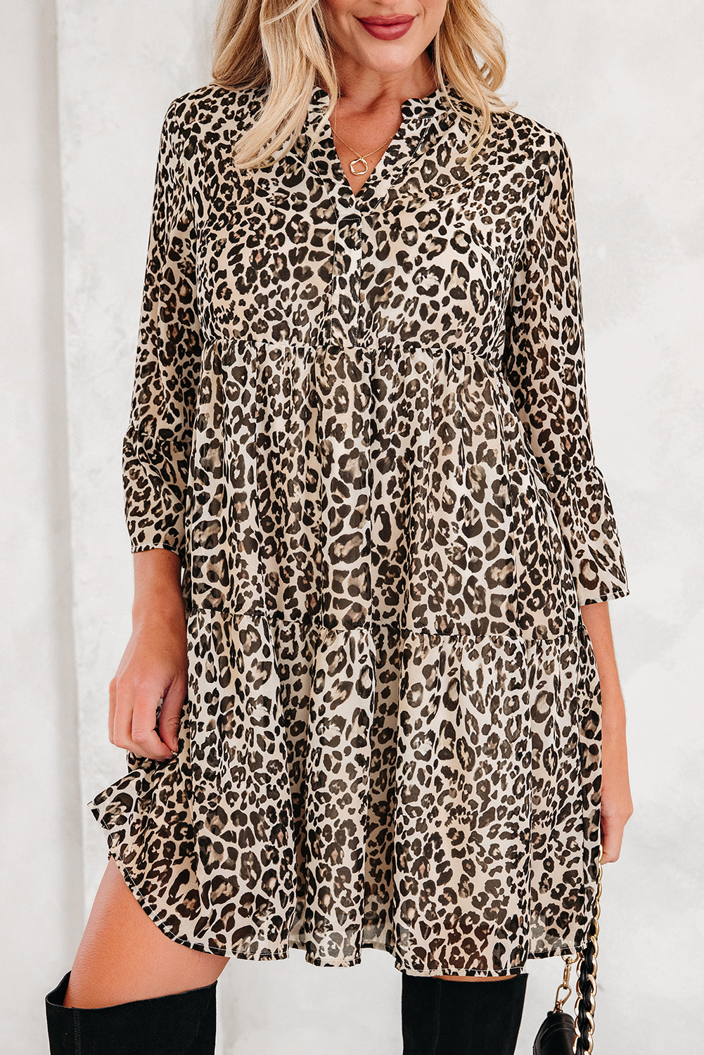 Leopard 3/4 Sleeve V Neck Swing Dress