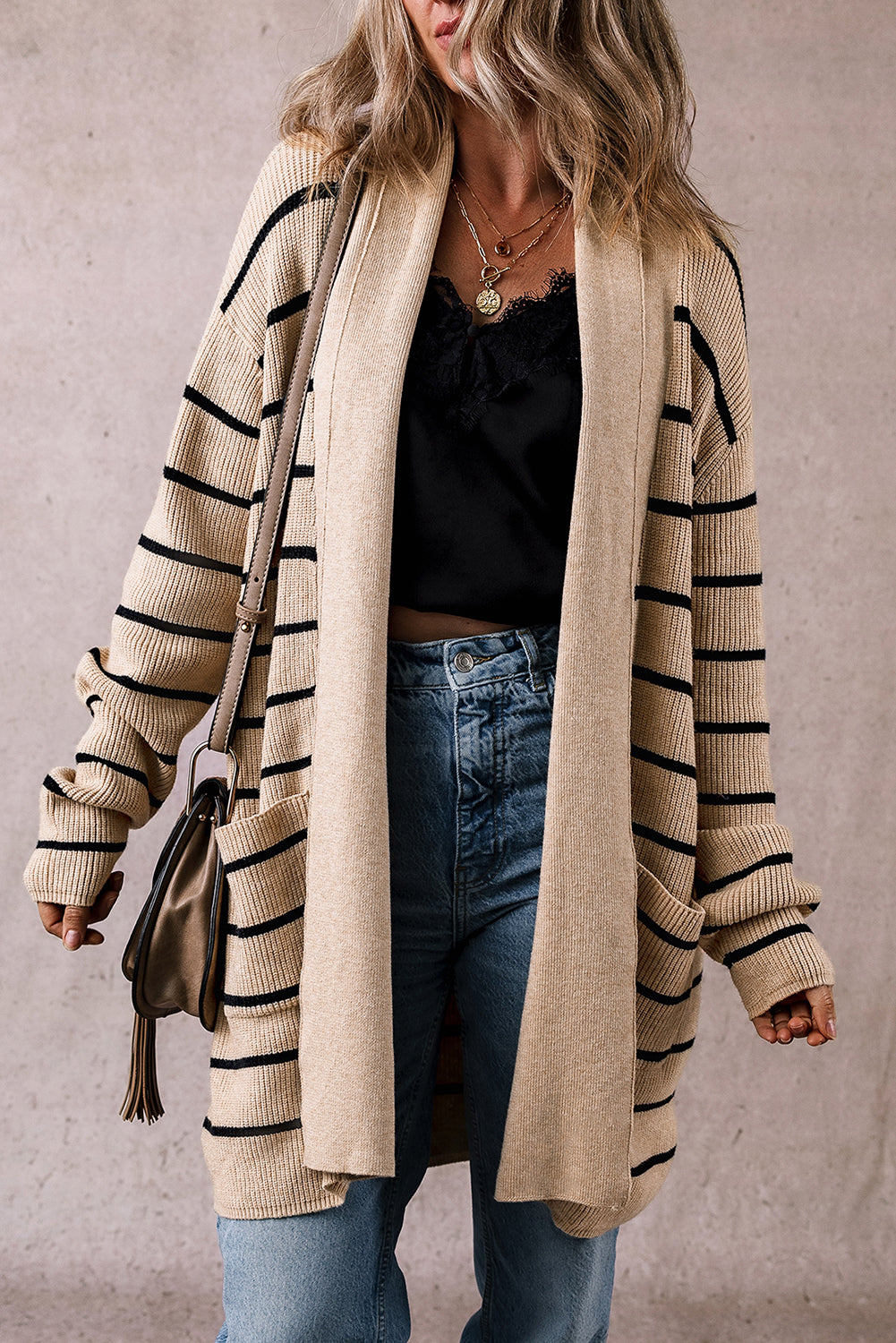 Stripe Shawl Neckline Open Cardigan with Pockets