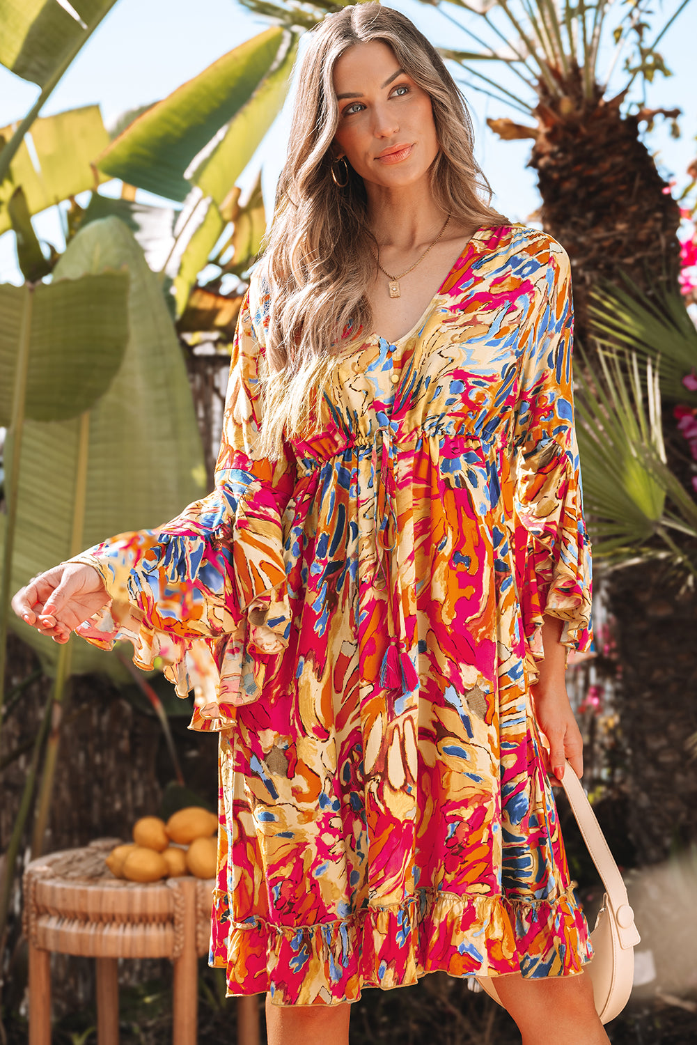 Print Flared Sleeve Ruffled Hem Tunic High Waist Flowy Dress