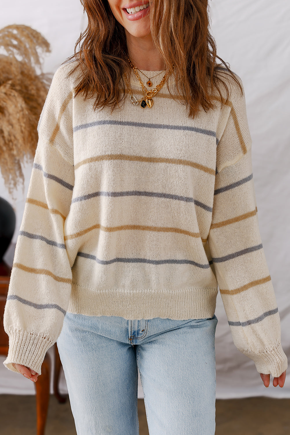 Stripe Ribbed Edge Drop Shoulder Sweater