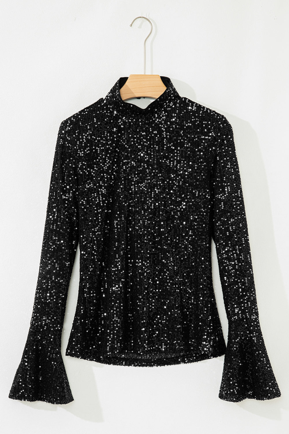 Sequin Mock Neck Drape Open Back Bell Sleeve Top