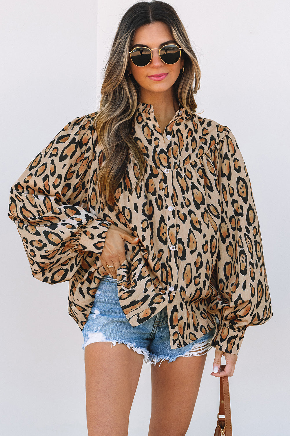 Oversized Leopard Print Balloon Sleeve Casual Shirt