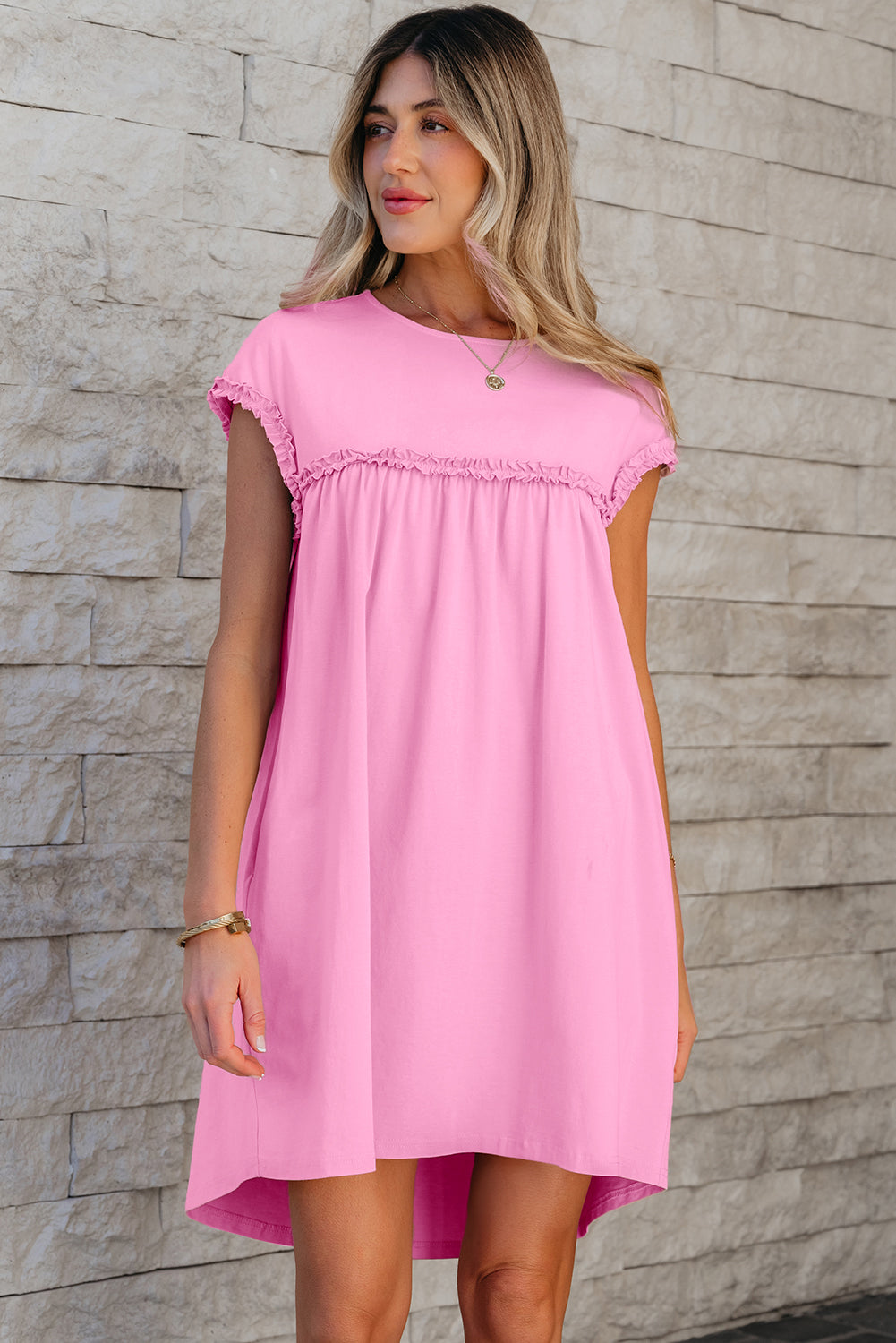 Frilled Trim Crew Neck Loose Fit Mini Dress