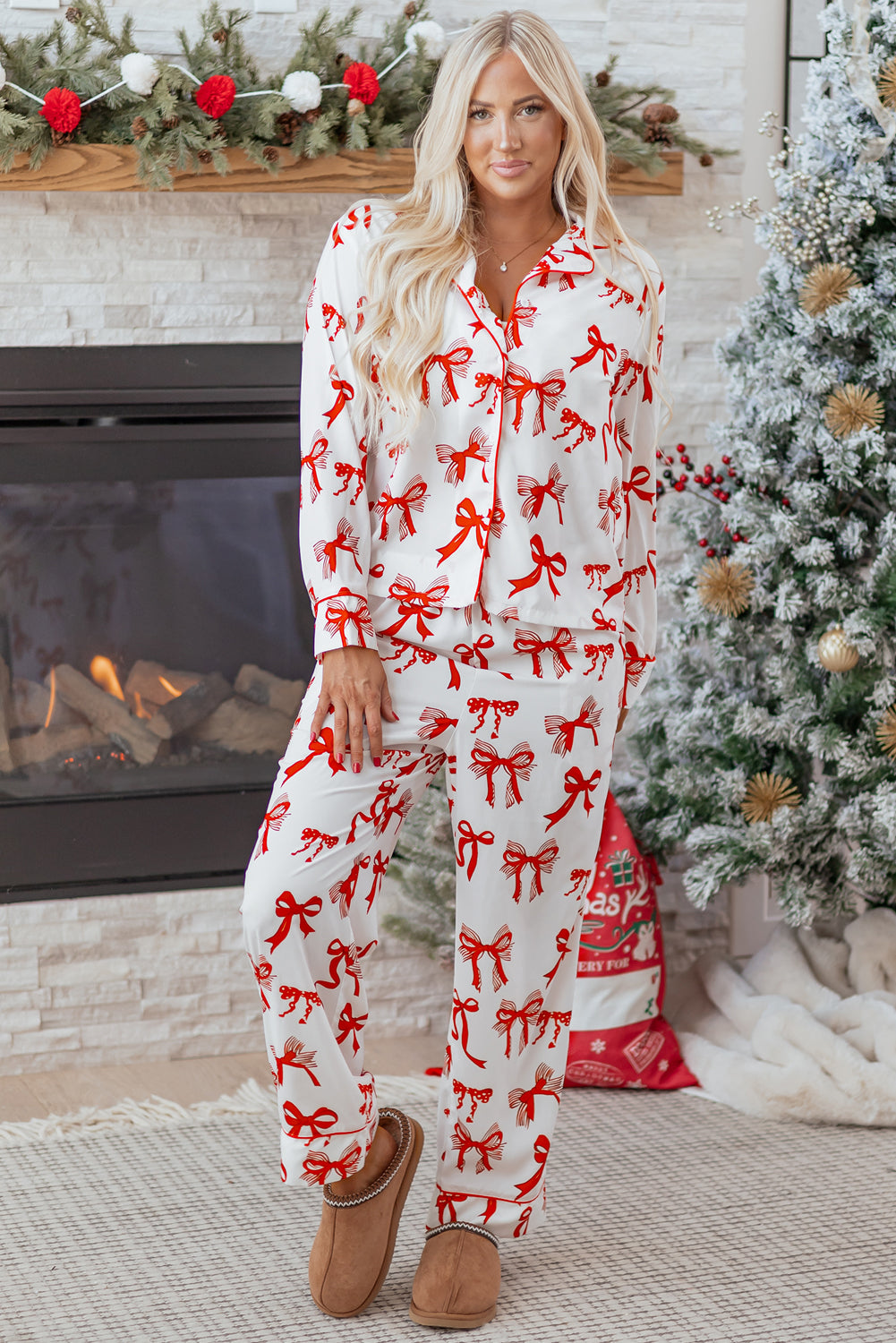 Christmas Bow Print Long 2pcs Pajama Set