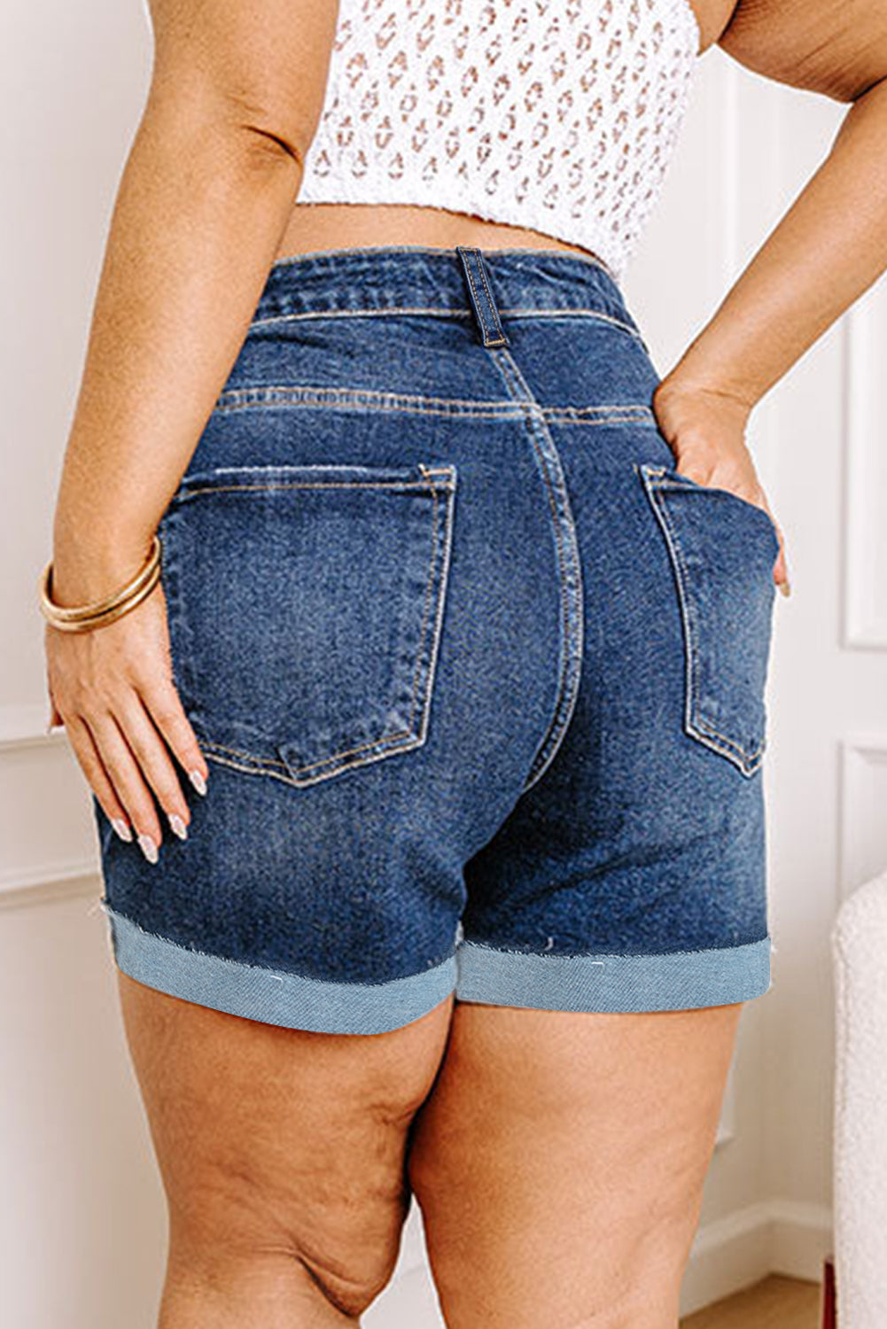 Folded Edge High Waist Plus Size Denim Shorts