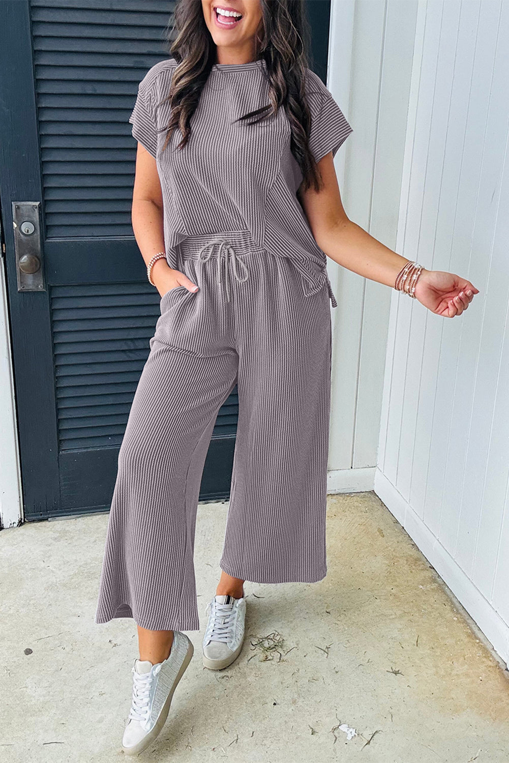 Solid Corded Knit Short Sleeve T Shirt and Wide Leg Pants Set