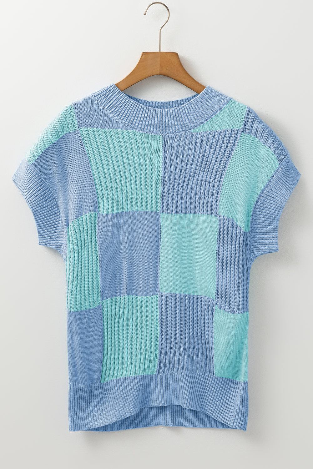 Checkered Color Block Crew Neck Short Sleeve Sweater