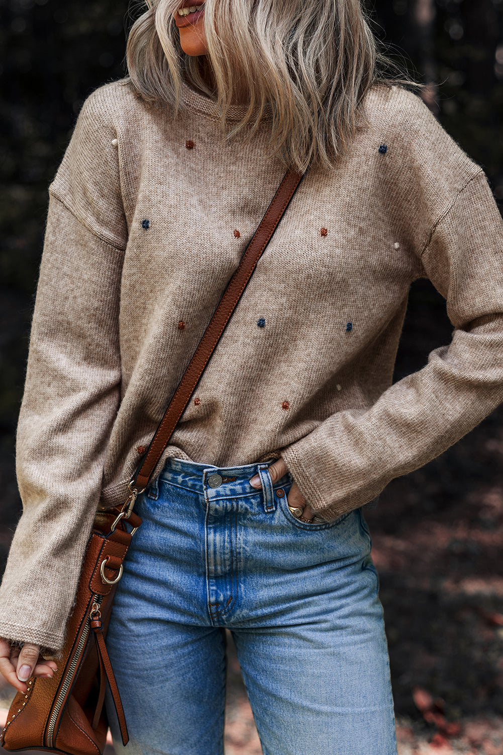 Contrast Colored Dot Detail Drop Shoulder Sweater