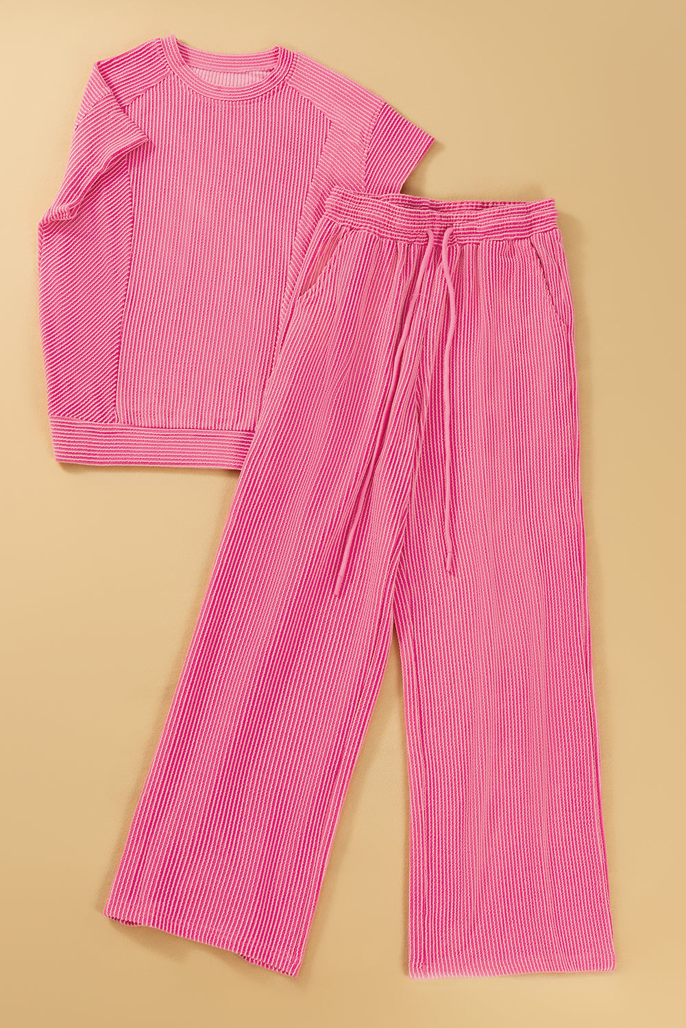 Solid Corded Knit Short Sleeve T Shirt and Wide Leg Pants Set