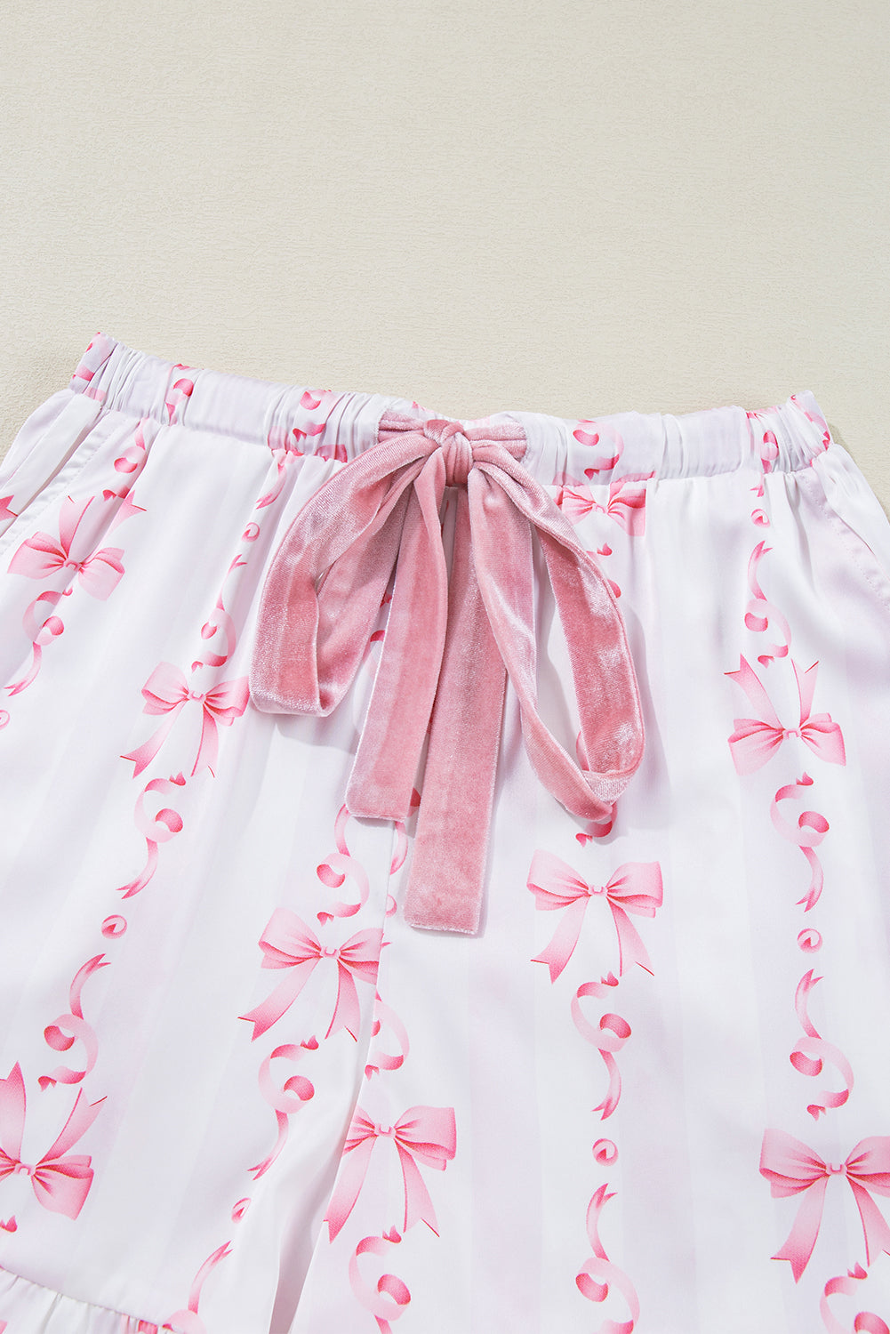 Satin Bow Bell Sleeve Shirt and Ruffled Shorts Pajama Set