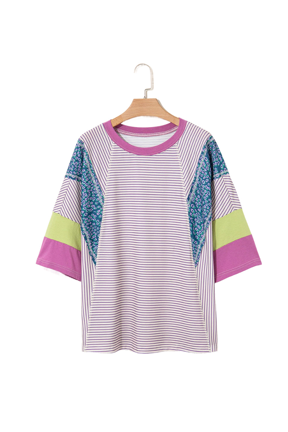 Floral Color Block Raw Edge Patchwork Bracelet Sleeve Blouse