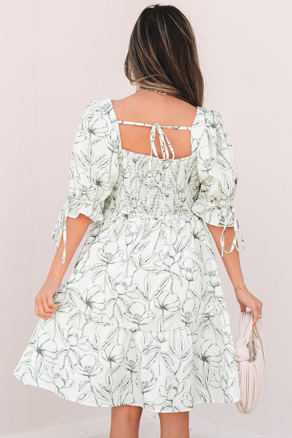 Floral Print Square Neck Shirred Back Puff Sleeve Mini Dress