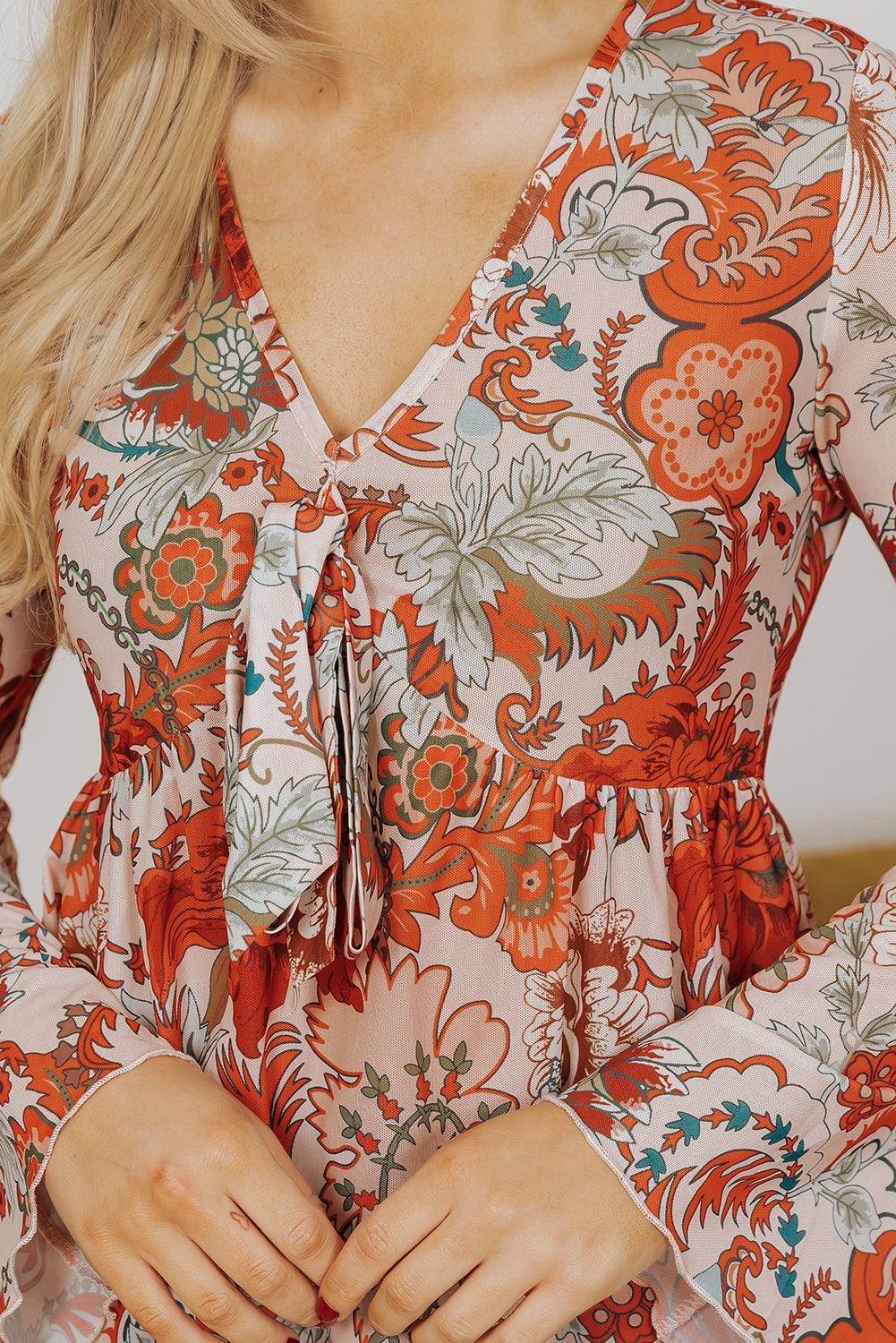 Floral Print Deep V Neck Knot Bell Sleeve Blouse