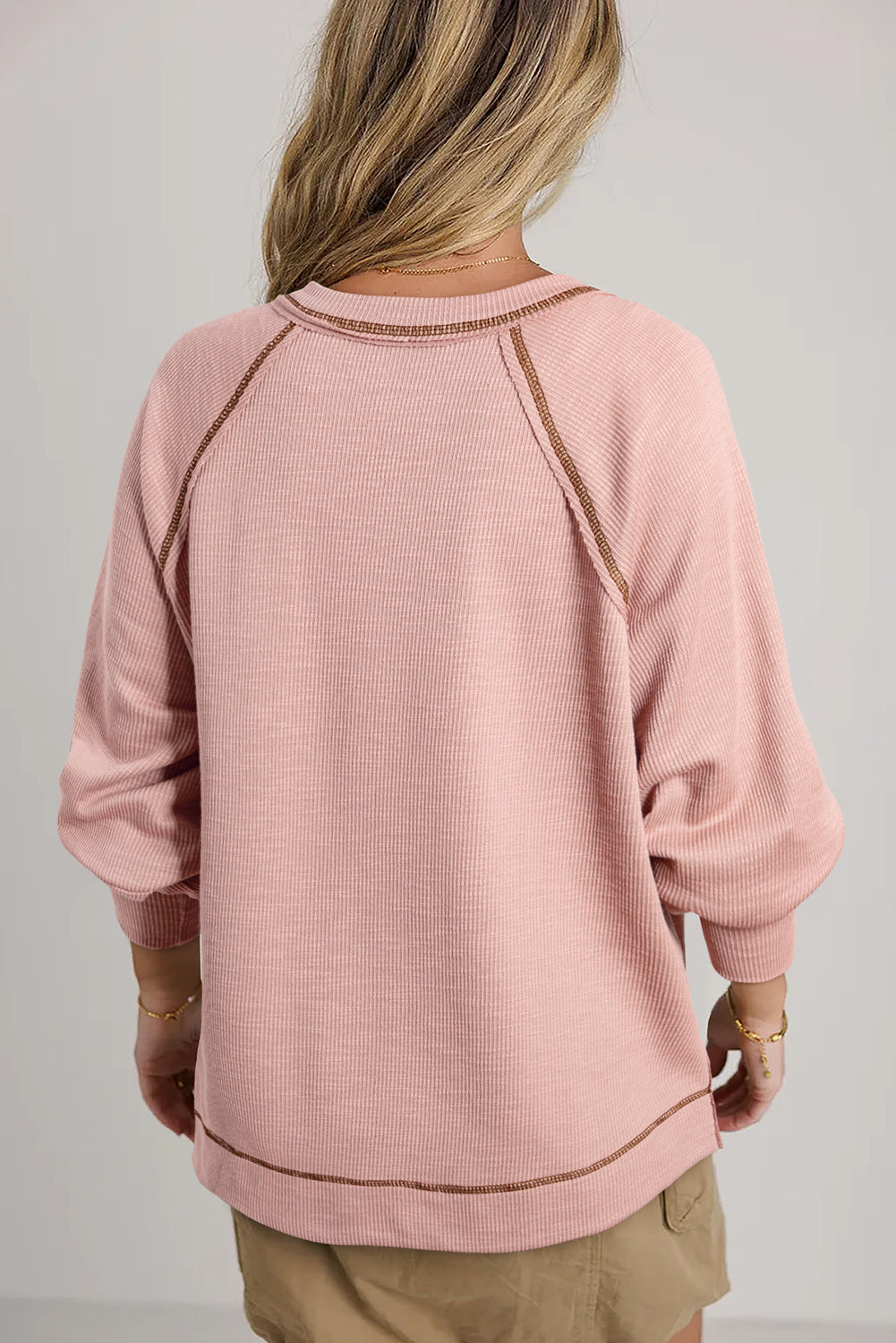 Exposed Seam Textured Knit V Neck Pullover Top