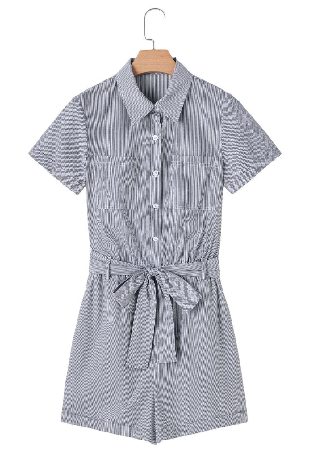 Stripe Chest Pockets Buttoned Belted High Waist Romper