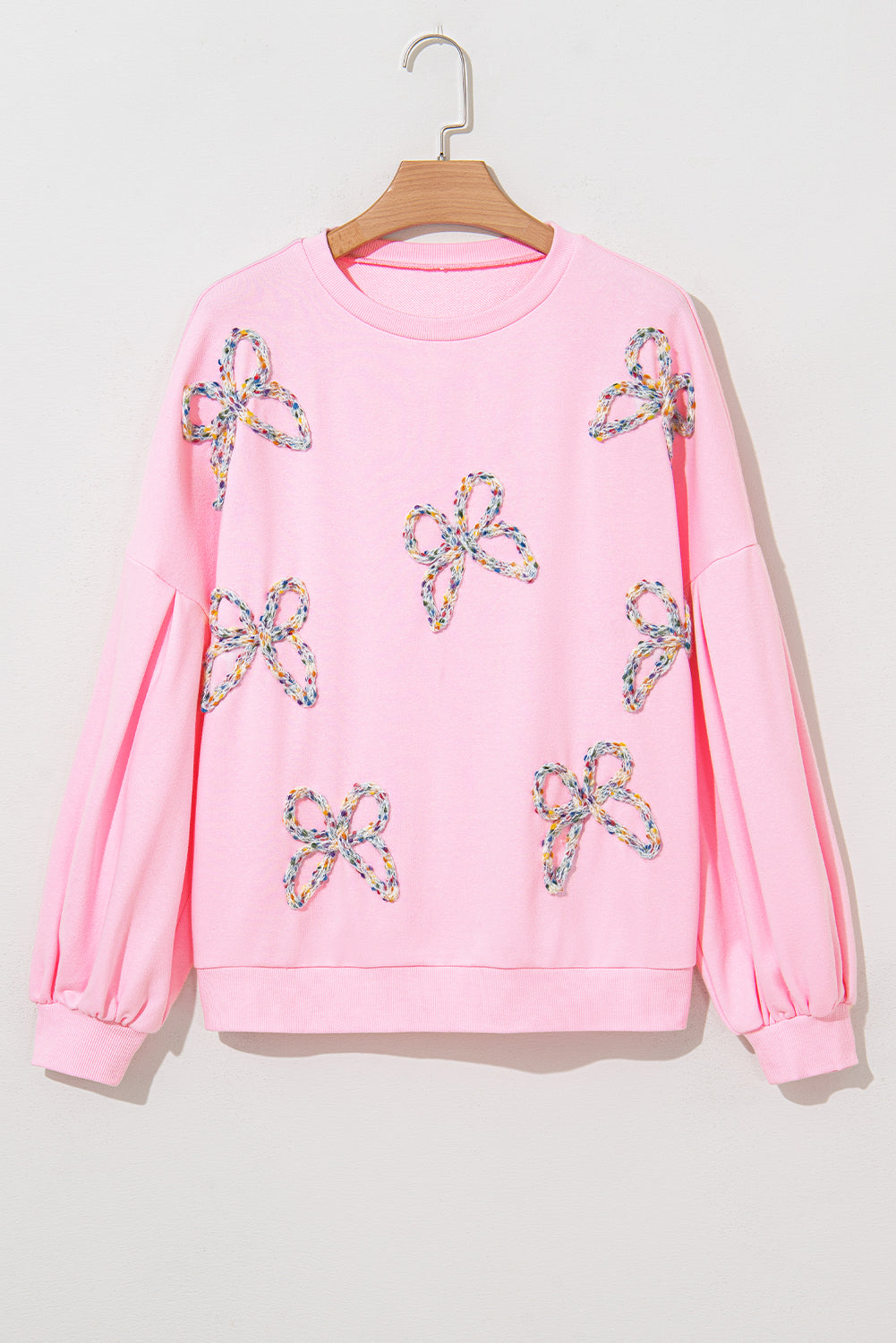 Embroidered Bow Lantern Sleeve Oversized Pullover Sweatshirt