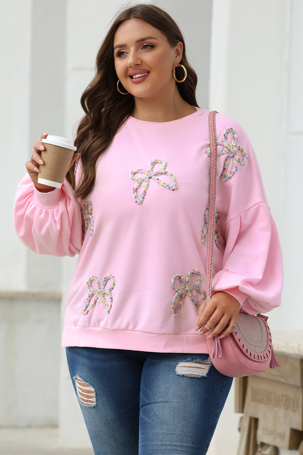 Embroidered Bow Lantern Sleeve Oversized Pullover Sweatshirt