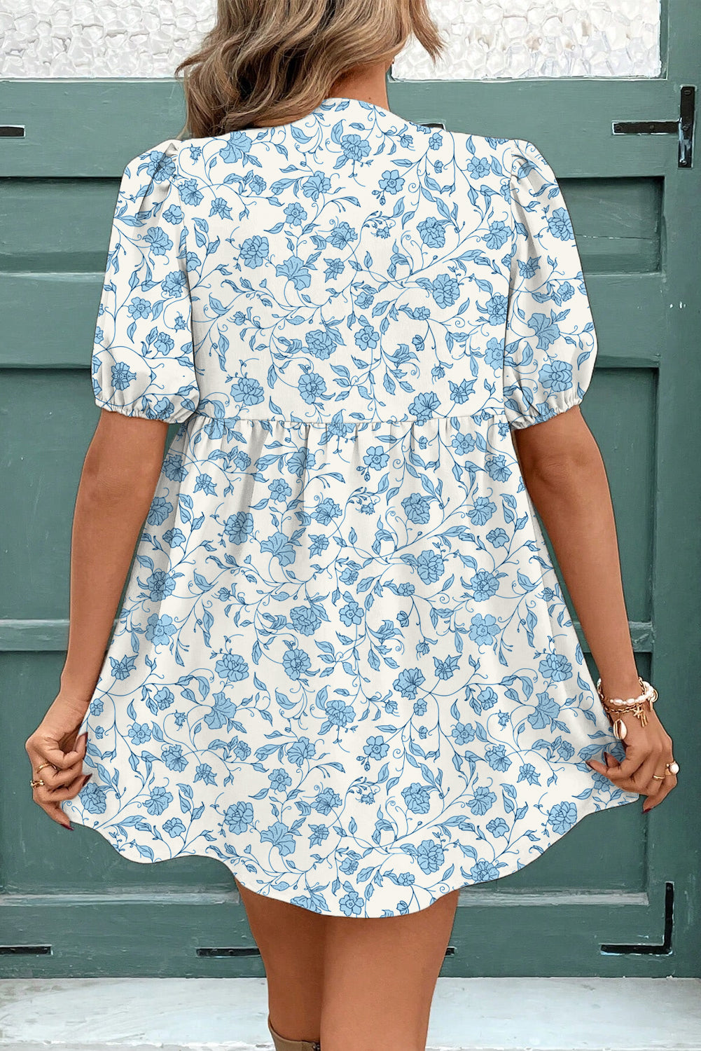 Floral Contrast Bow Puff Sleeve Mini Dress
