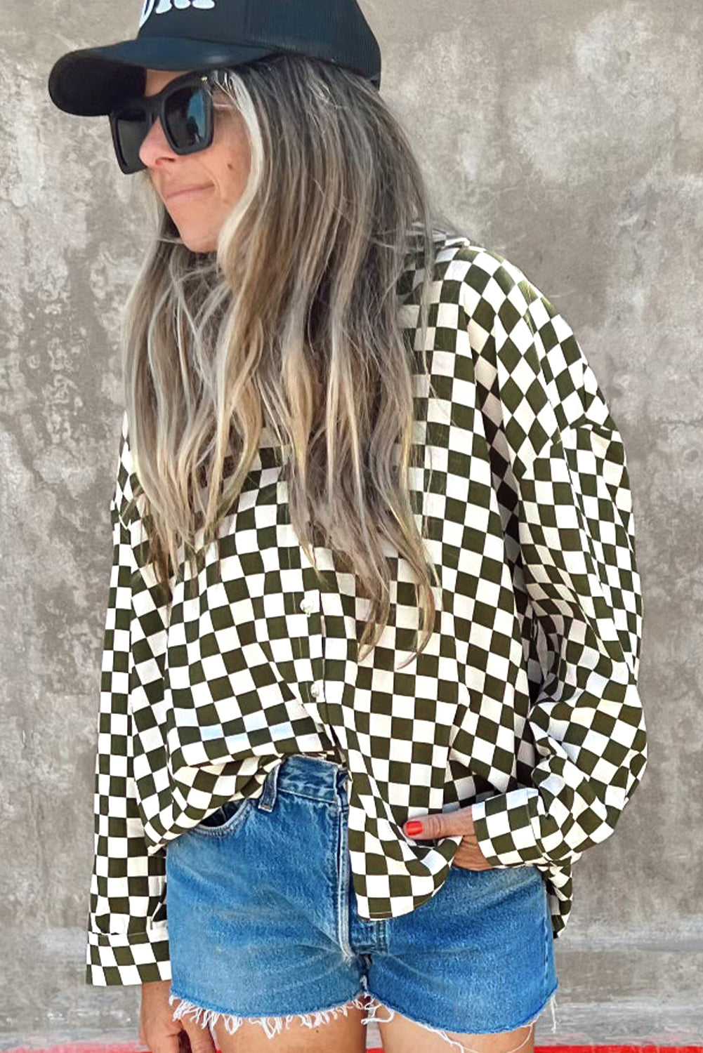 Checkerboard Printed Drop Shoulder Loose Casual Shirt