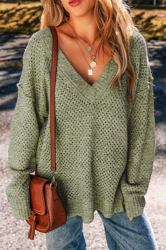 Loose Eyelet V Neck Drop Shoulder Sweater