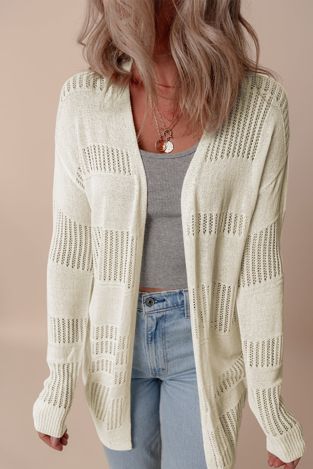 Solid Color Lightweight Open Knit Tunic Cardigan