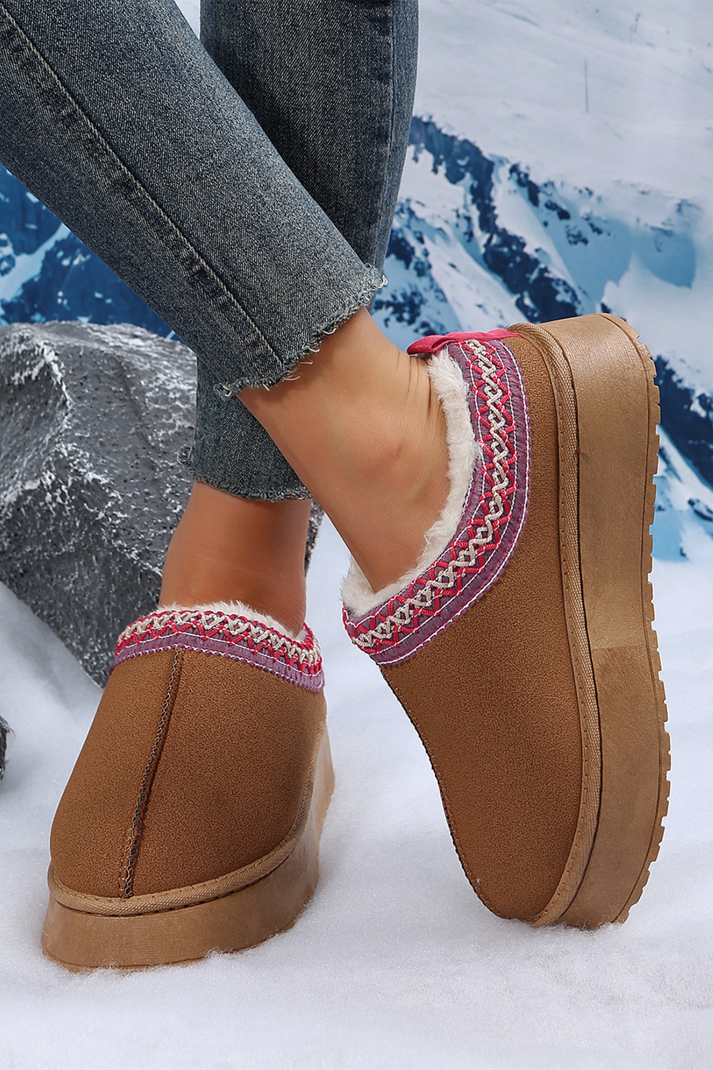 Contrast Print Suede Plush Lined Snow Boots