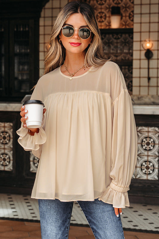 Pleated Ruffle Long Sleeve Chiffon Blouse