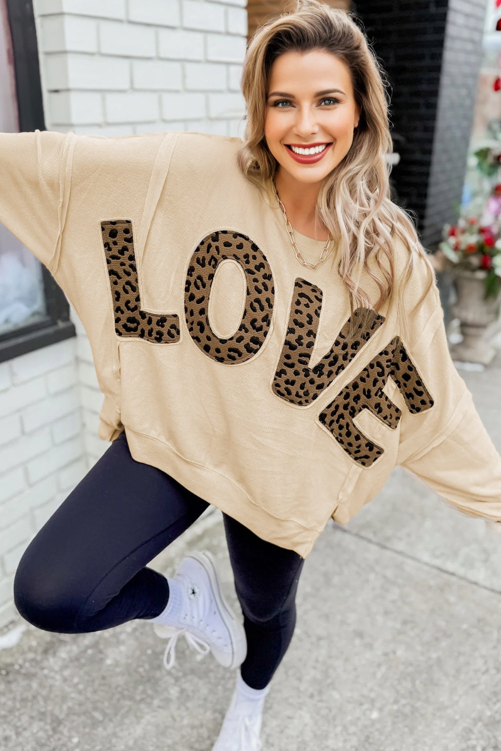 Oversize Leopard LOVE Patched Graphic Round Neck Casual Sweatshirt