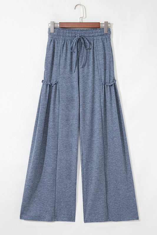 High Frilled Detail Wide Leg High Waist Knit Pants