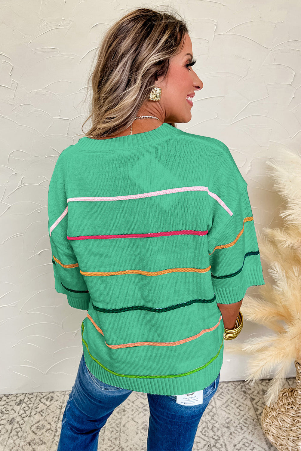 Colorblock Striped Half Sleeve Drop Shoulder Sweater