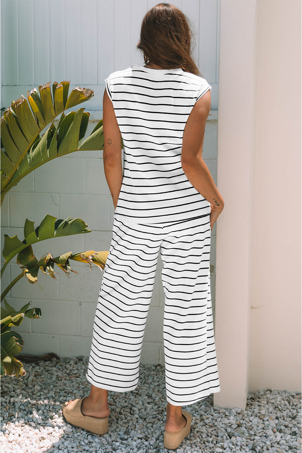 Stripe Casual Wide Leg 2pcs Pants Set