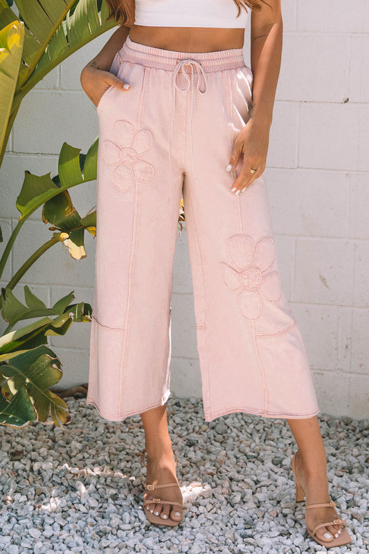 Flower Patch Mineral Washed Terry Knit Cropped Wide Leg Pants