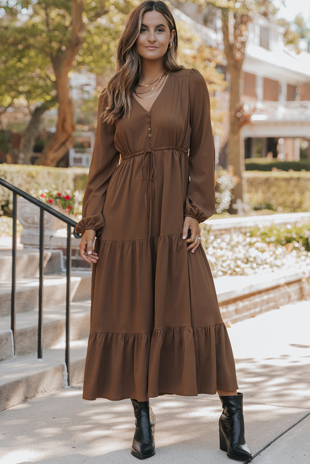Solid Long Sleeve Button V Neck Tiered Maxi Dress
