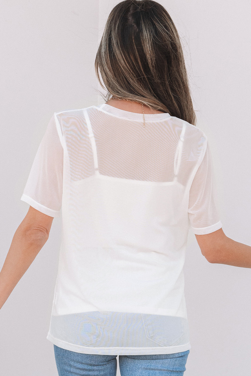 Solid Color Sheer Mesh Patchwork Short Sleeve Top