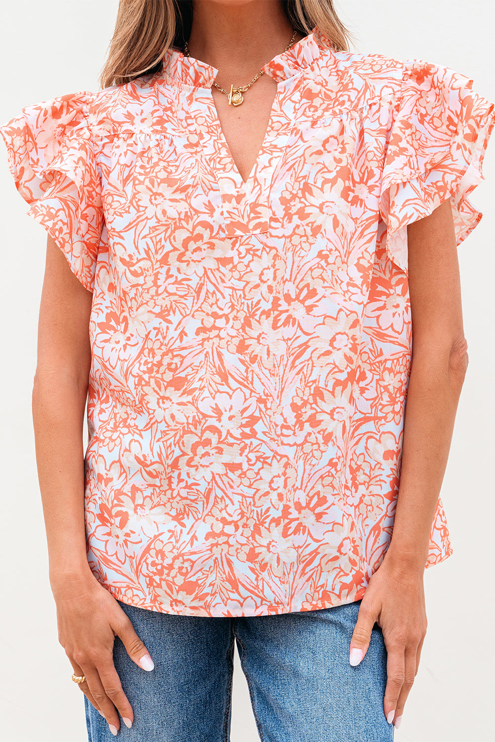 Floral Ruffle Sleeve Split Neck Blouse