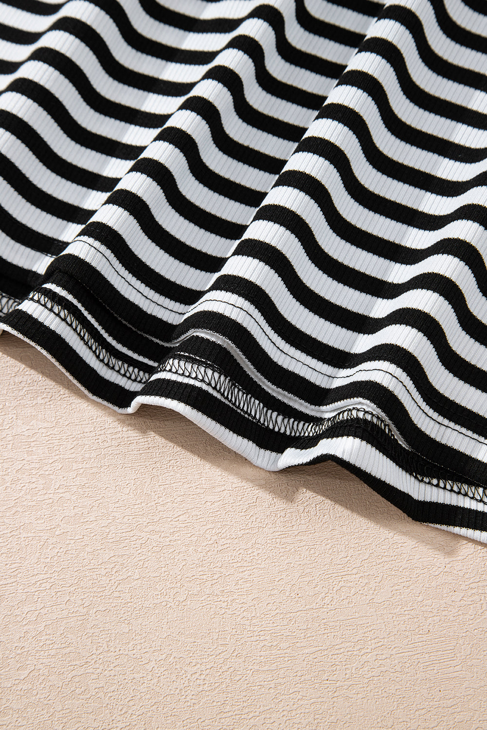 Stripe Ribbed Cap Sleeve Round Neck T Shirt