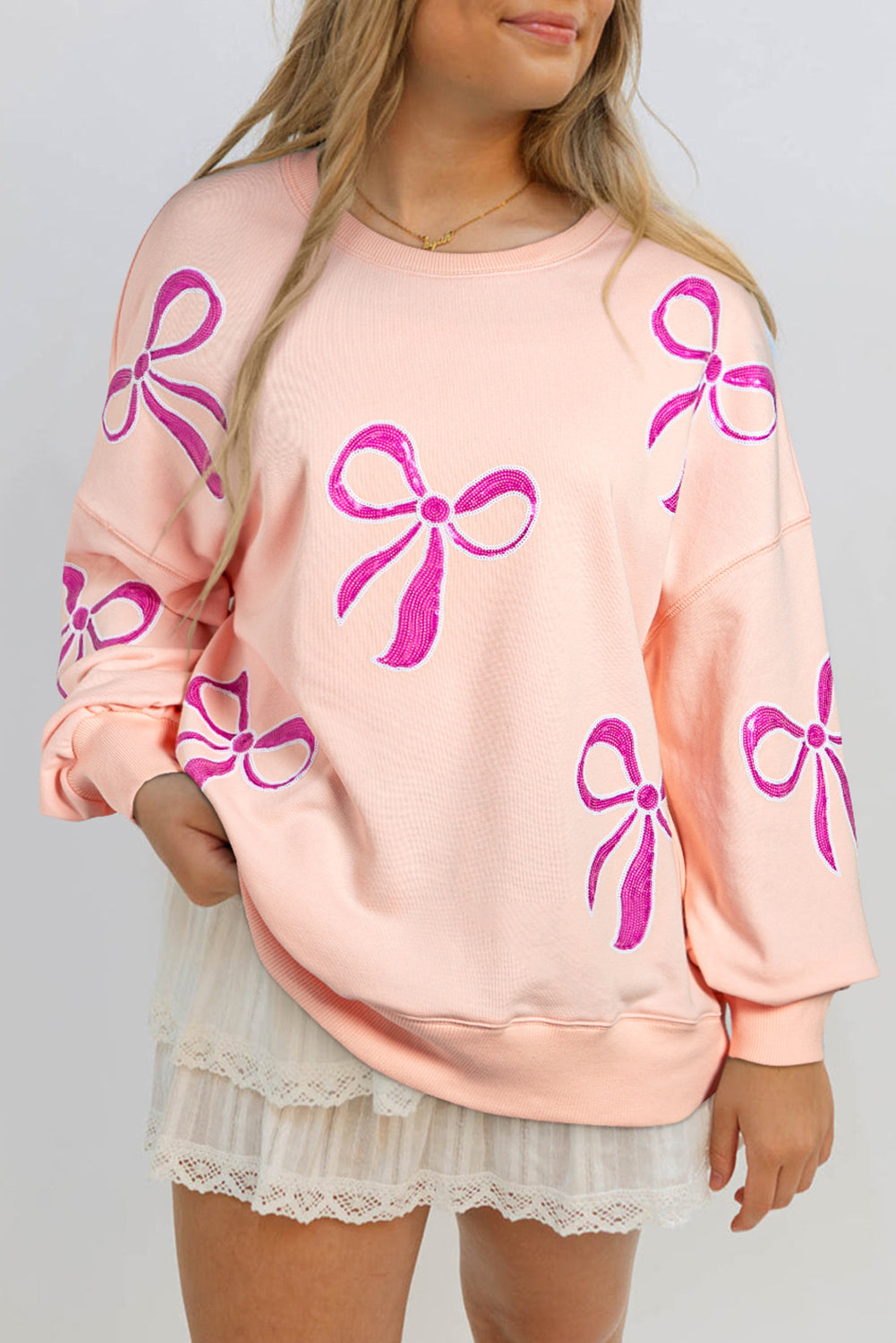 Sequined Bowknot Drop Shoulder Oversized Sweatshirt