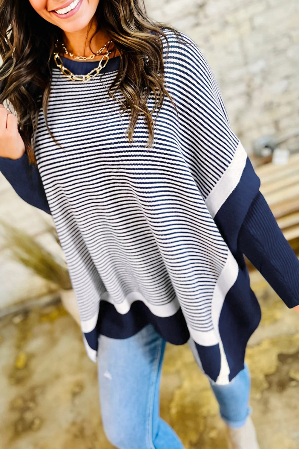 Stripe Color Block Patchwork Dolman Oversize Tunic Sweater