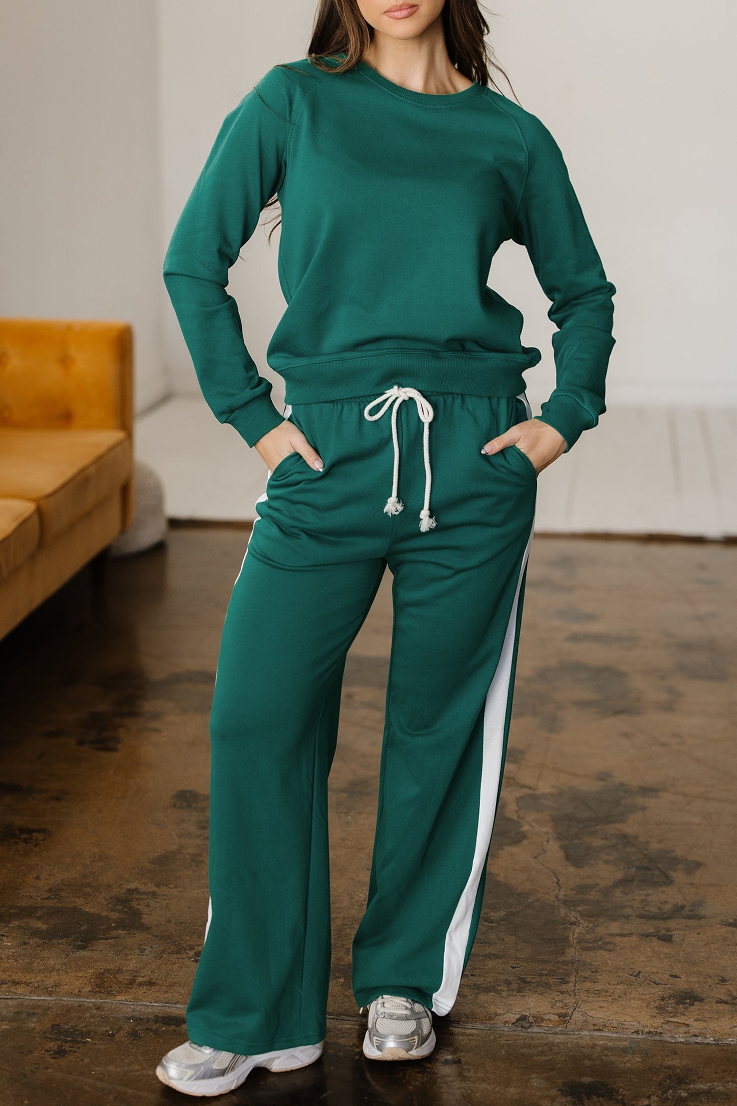 Solid Color Pullover Top Varsity Stripe Detail Loose Drawstring Pants Set