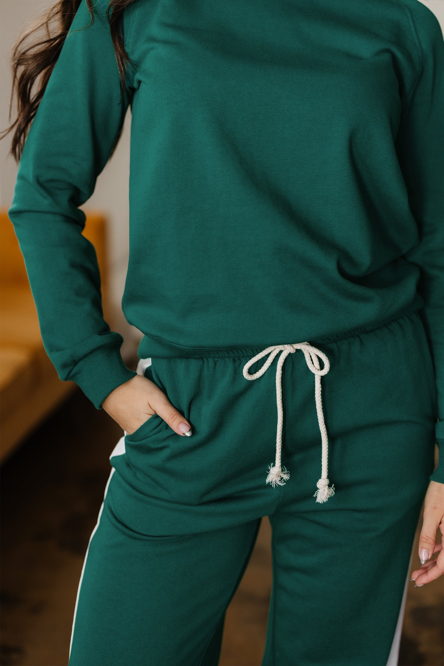 Solid Color Pullover Top Varsity Stripe Detail Loose Drawstring Pants Set