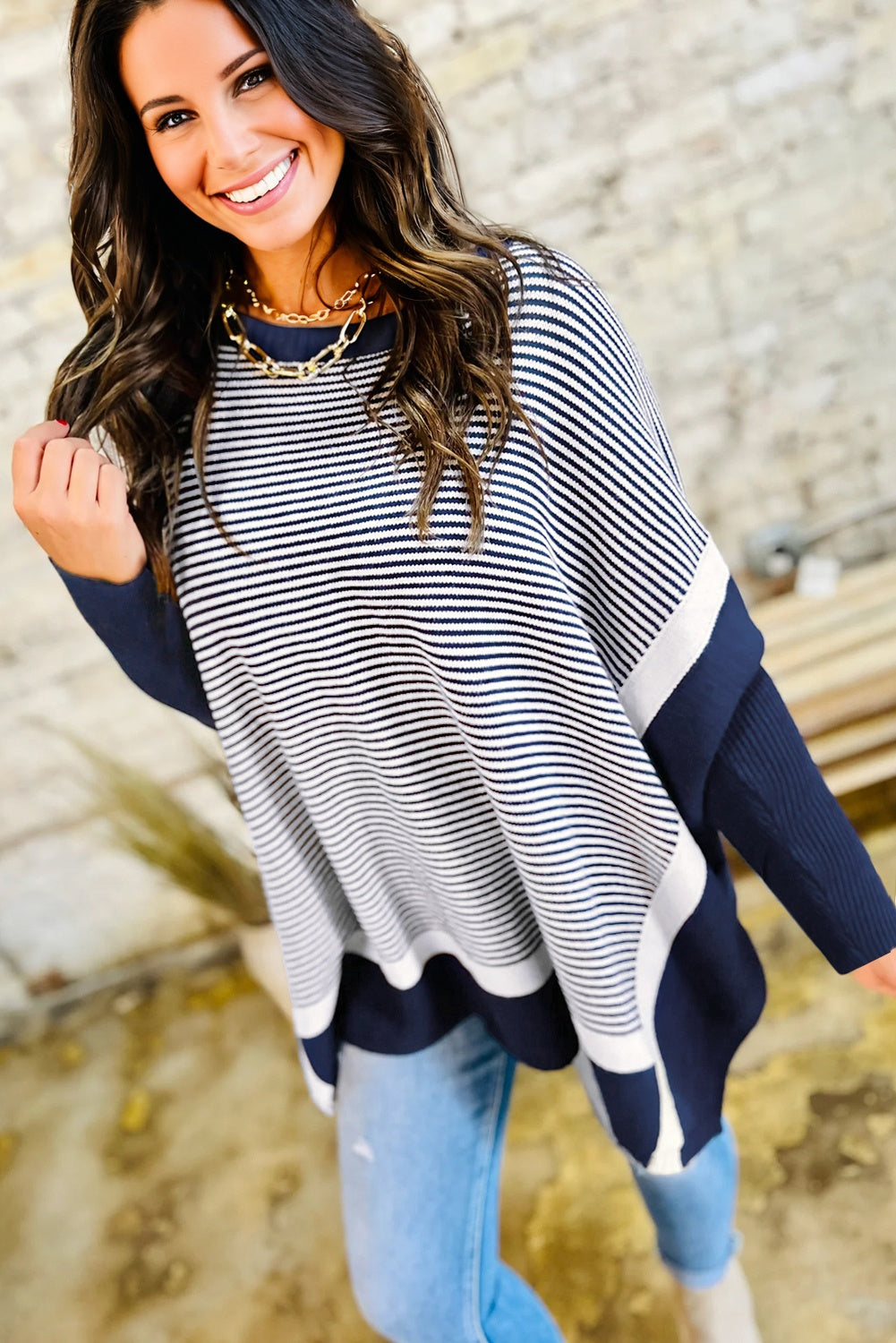 Stripe Color Block Patchwork Dolman Oversize Tunic Sweater