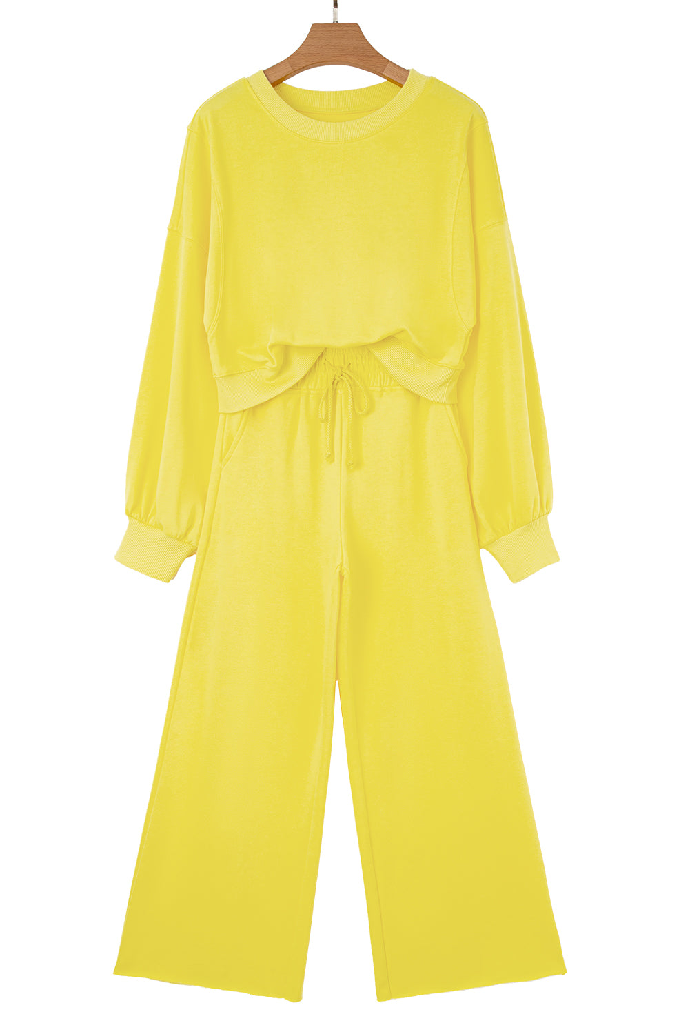 Drop Shoulder Puff Sleeve Crop Pullover Drawstring Wide Leg Pants Set
