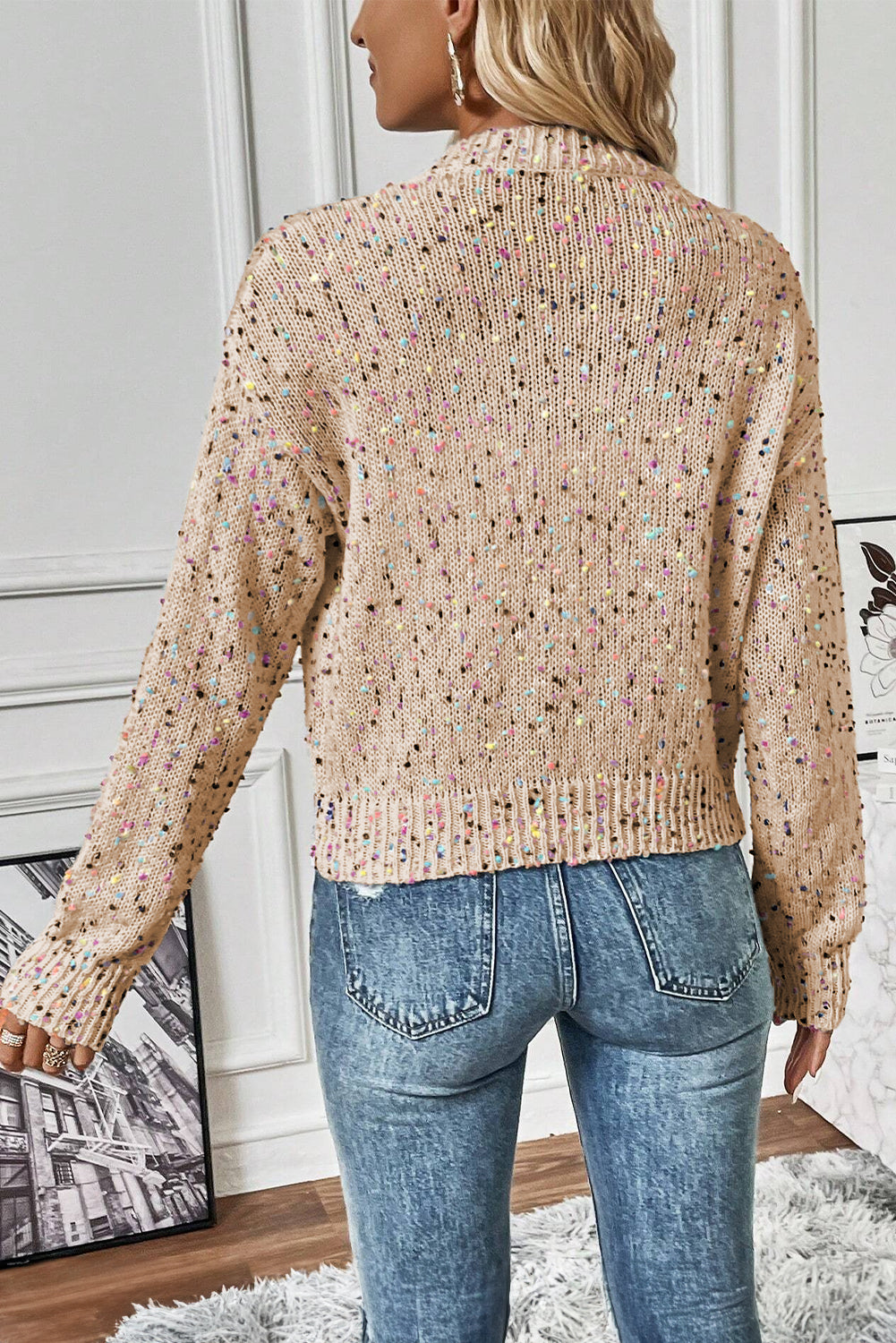 Rhinestone Decor Multicolor Confetti Sweater Cardigan