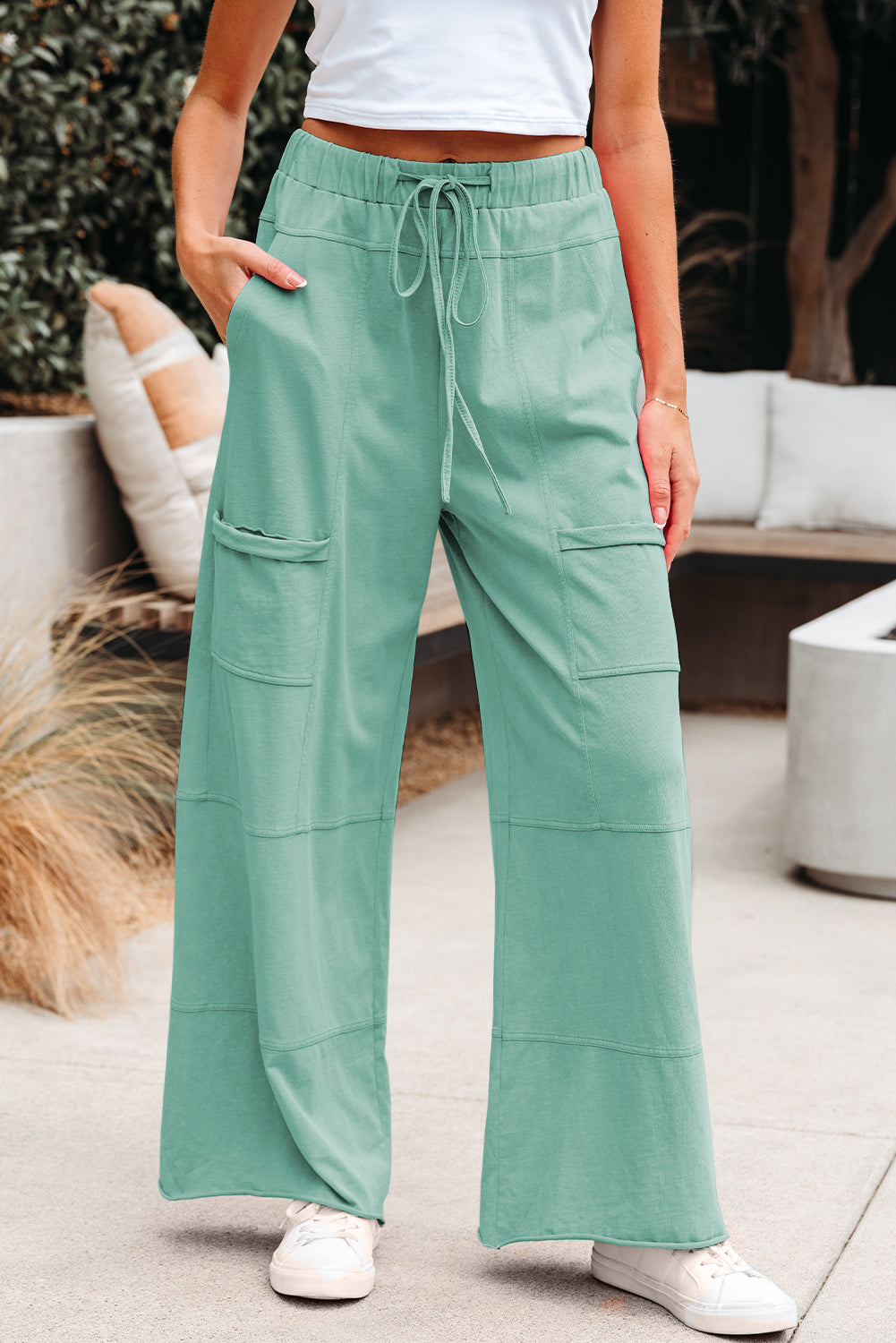 Mineral Wash Exposed Seam Drawstring High Waist Wide Leg Cargo Pants
