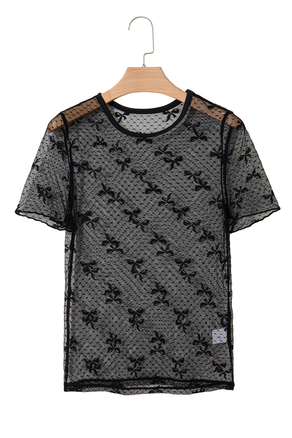 Bow Knot Dotted See-through Mesh Patched Slim Fit Blouse