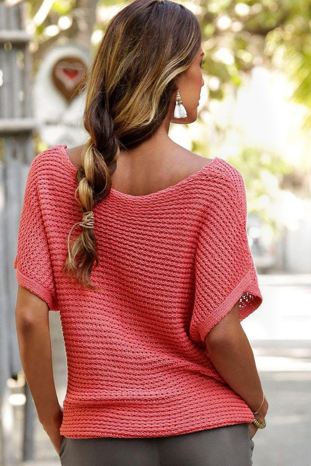 Solid Loose Knit Short Dolman Sleeve Sweater