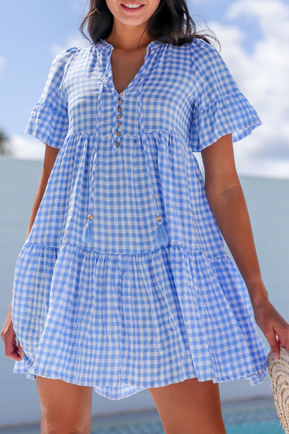Gingham Short Sleeve Button Tie Split Neck Loose Mini Dress